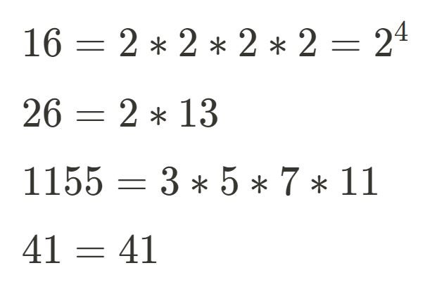 Examples of prime factorization: 16 = 2^4, 26 = 2 * 13, 115 = 3 * 5 * 7 * 11, 41=41