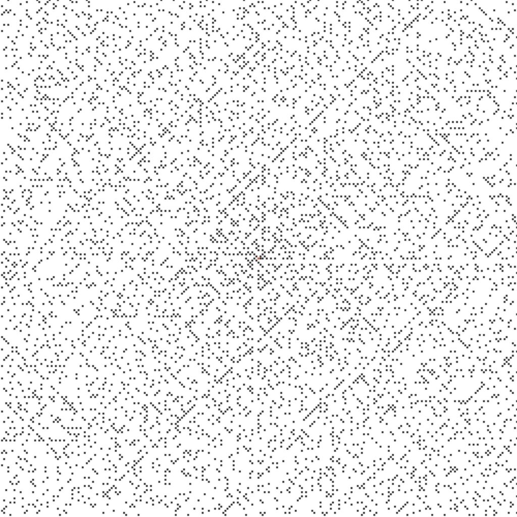 Ulam spiral of first 62,500 positive integers. Shows subtle horizontal, vertical, and diagonal patterns in the primes.