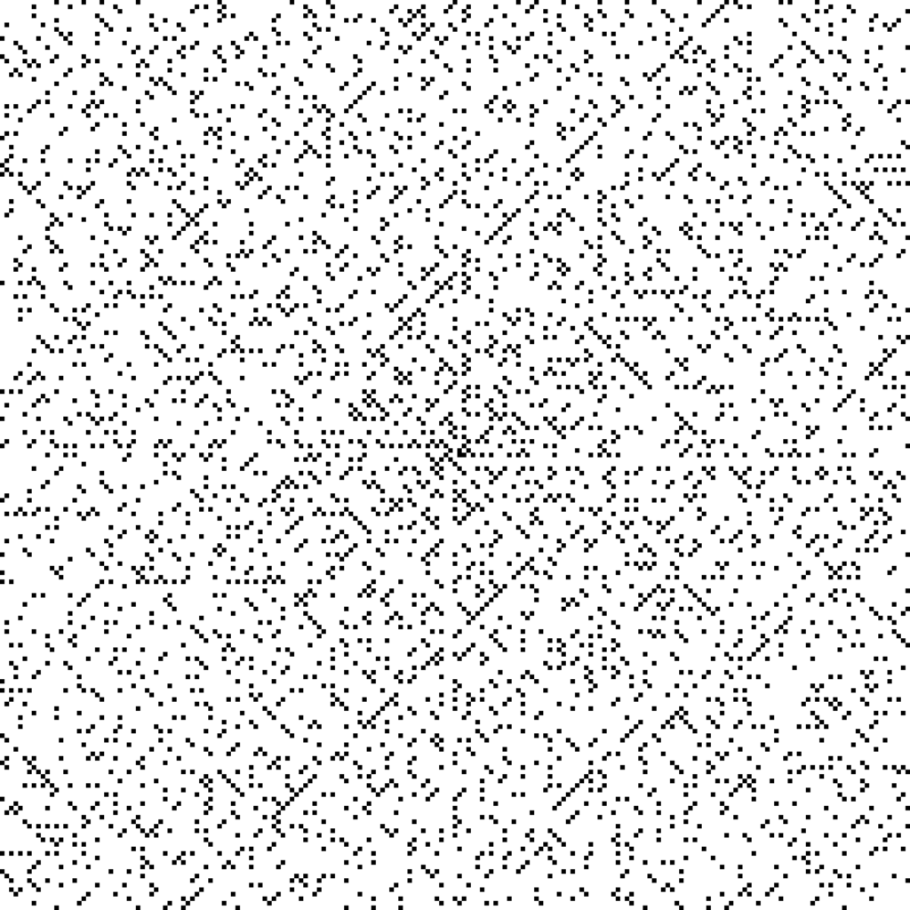 An Ulam spiral with prime numbers marked.